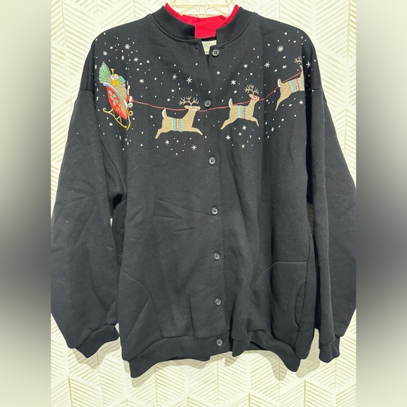 VTG Orvis Button Up Christmas Sweatshirt Black‎ Red Santa Reindeer Womens XXL - Picture 1 of 6